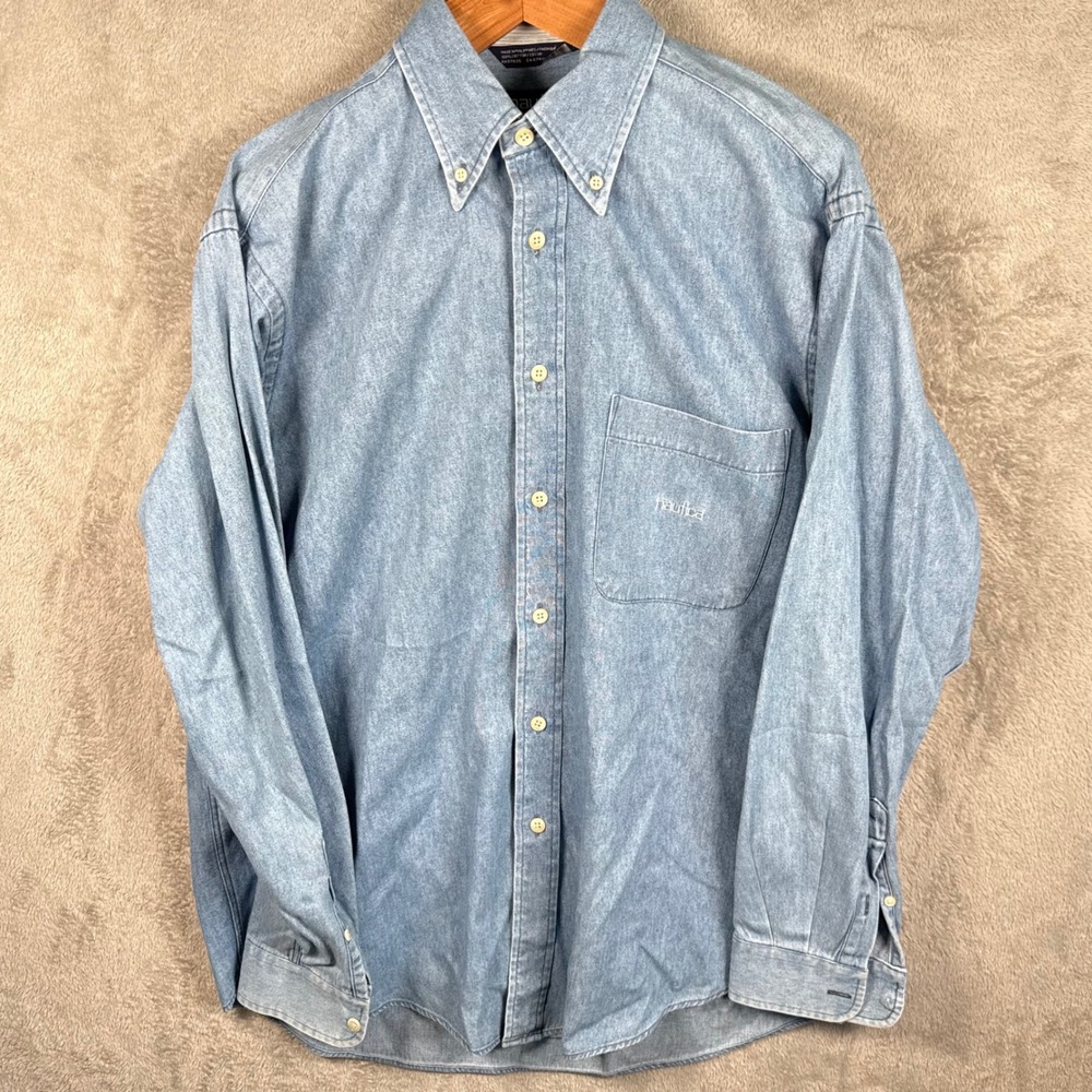 Nautica Light Wash Denim Button Down Shirt Mens L Grunge Cotton Blue Vintage 90s